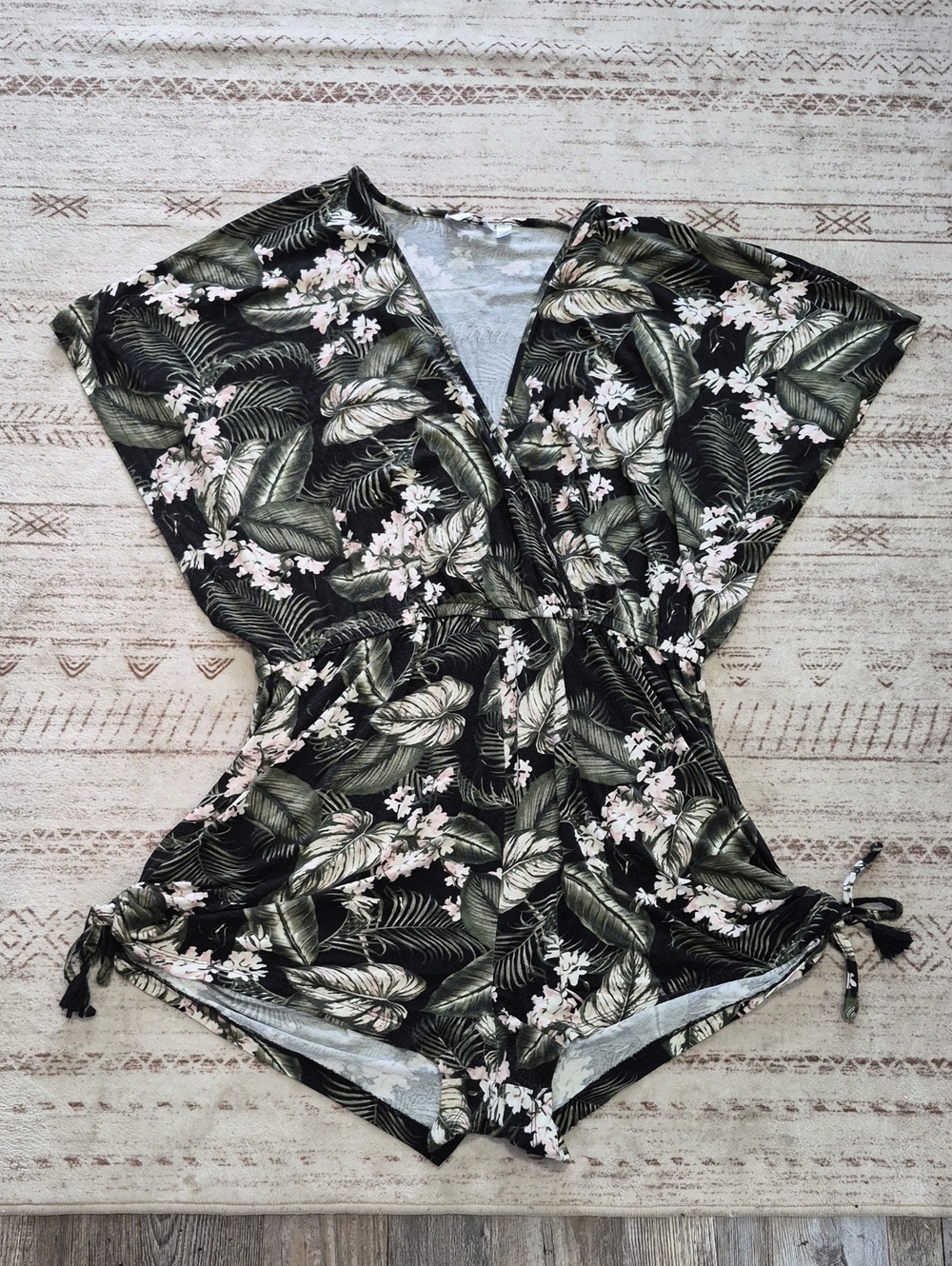 La Vie En Rose Black Tropical Print Romper with Pink Floral Detail